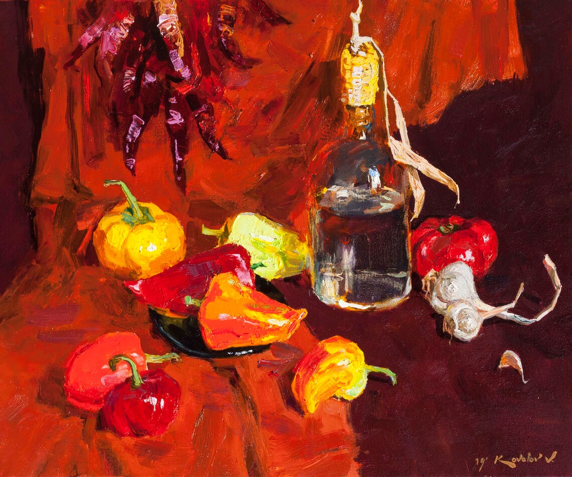 Still Life With Bell Peppers, Garlic, And Bottle - Image 3