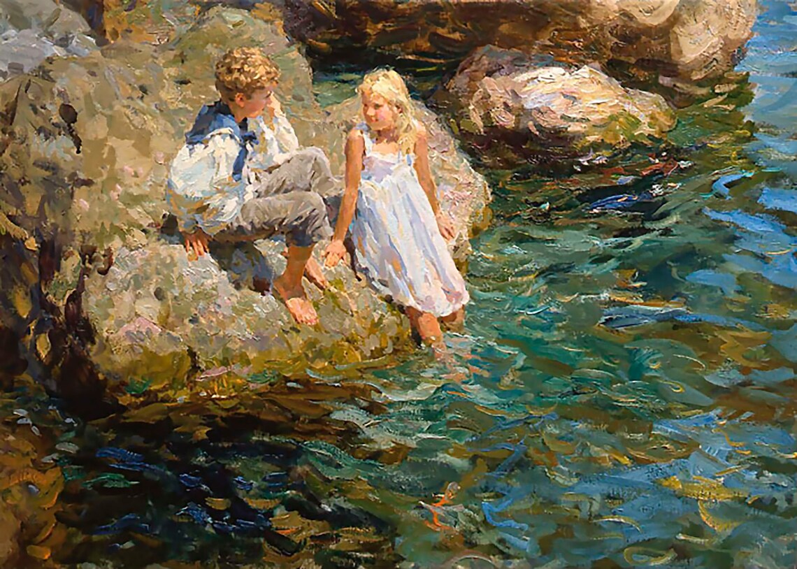 Impressionistic Oil Painting, Children On The Sea Coast - Image 2