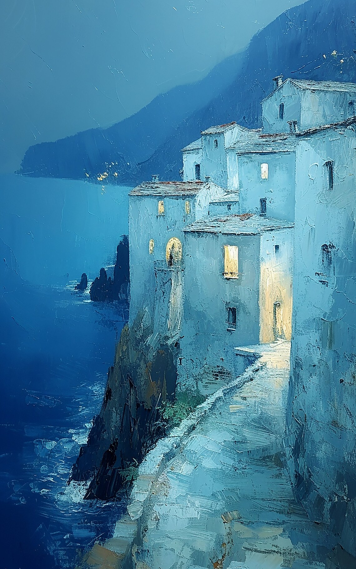 Mediterranean Night Cityscape, Oil Painting - Image 2