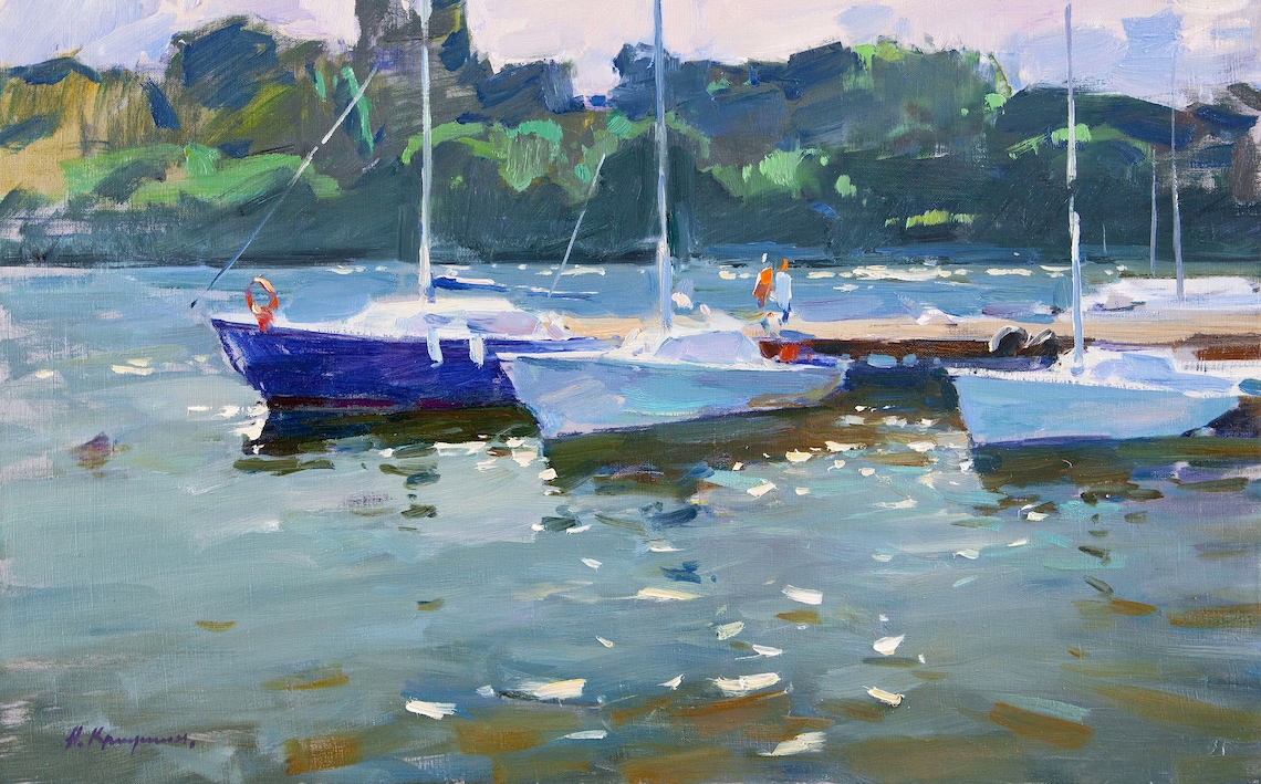 Yachts At The Pier, Impressionist Seascape - Image 3