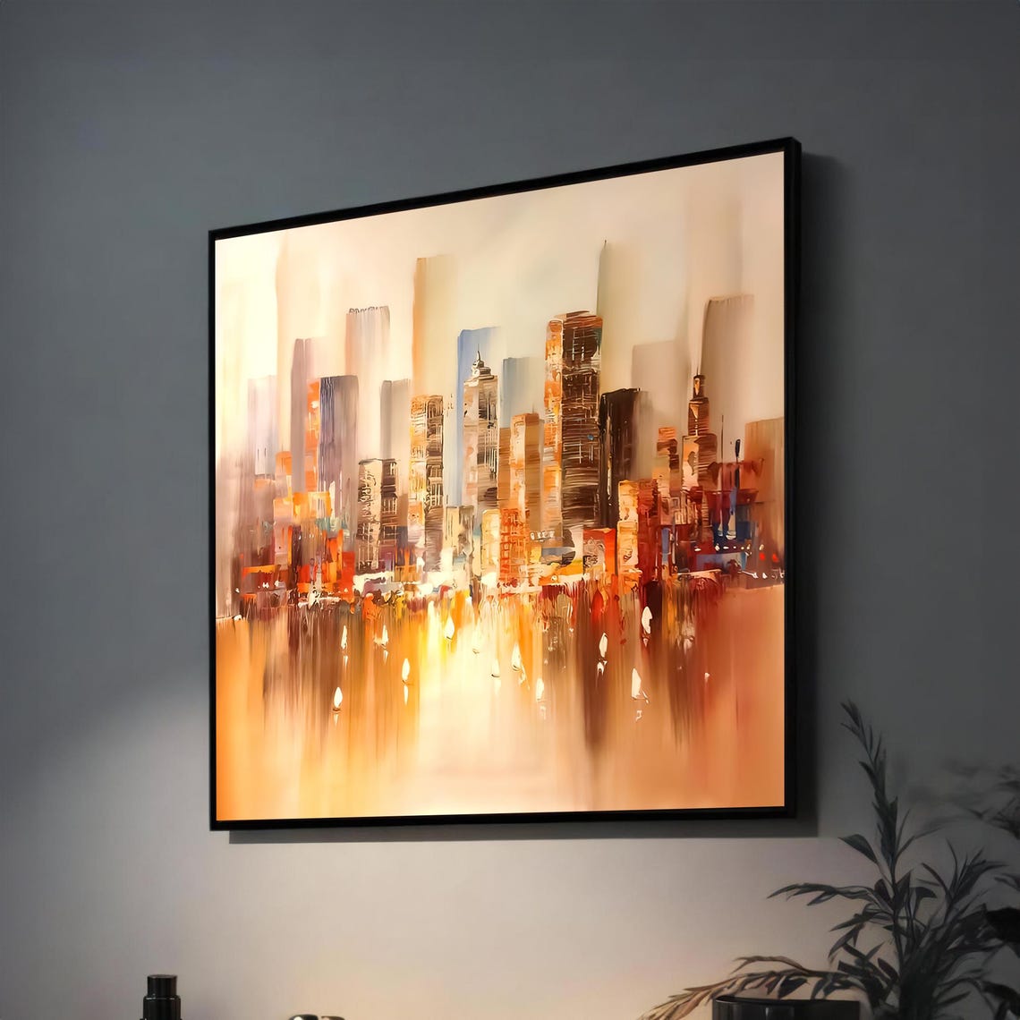 Golden Abstract City Skyline With Warm Reflections Modern Art Poster