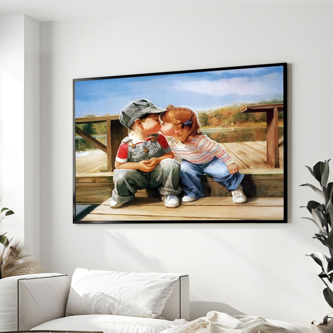Two Sweet Little Kids Kissing on Wooden Dock Childhood Art Poster