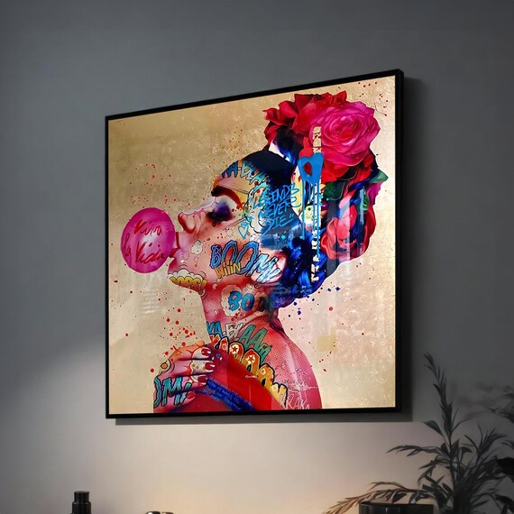 Woman Blowing Pink Bubblegum Bubble With Graffiti Tattoo Street Poster