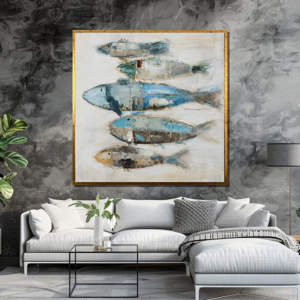 Abstract Coastal Fish School Blue Beige Ocean Poster for Beach Home - Image 6