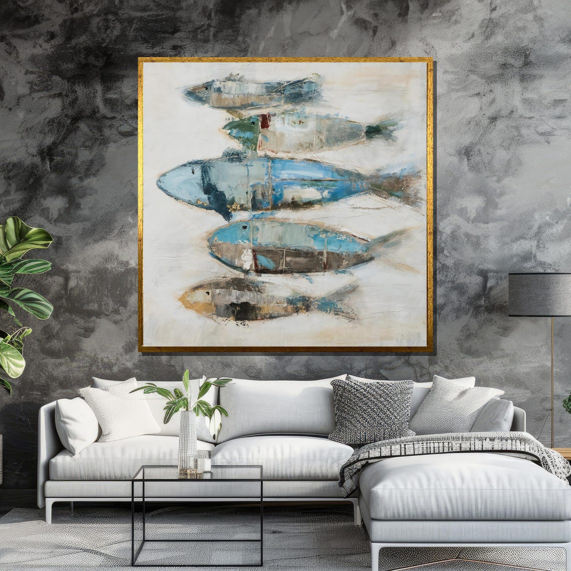 Abstract Fish Wall Art Coastal Blue And Beige Painting Modern Ocean Inspired Decor For Living Room Or Office Ready To Hang - Image 6