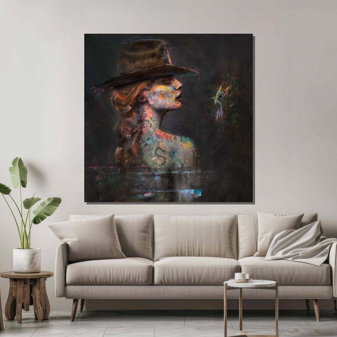 Woman in Wide-Brim Hat With Hummingbird Moody Abstract Portrait Poster - Image 2