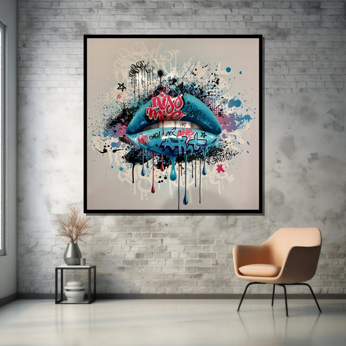 Bold Graffiti Lips Art Colorful Street Style Wall Decor Featuring Vibrant Blue Lips And Urban Pop Art Elements - Image 5