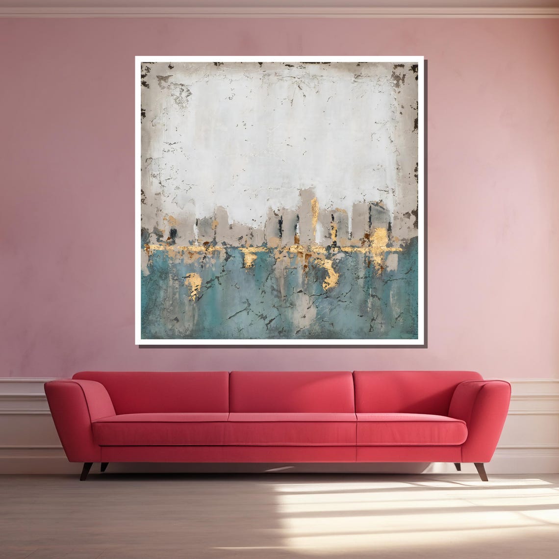 Abstract Teal and Gold City Skyline Textured Modern Art Poster - Image 3