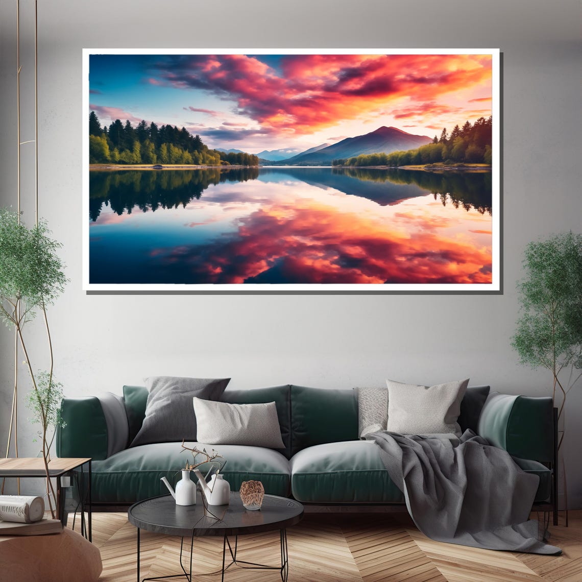Fiery Sunset Reflection Over Mountain Lake Panoramic Nature Poster - Image 3