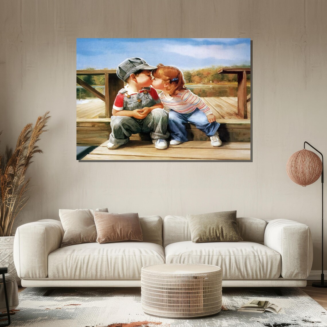 Two Sweet Little Kids Kissing on Wooden Dock Childhood Art Poster - Image 2
