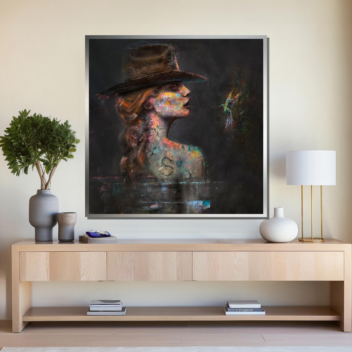 Woman in Wide-Brim Hat With Hummingbird Moody Abstract Portrait Poster - Image 4
