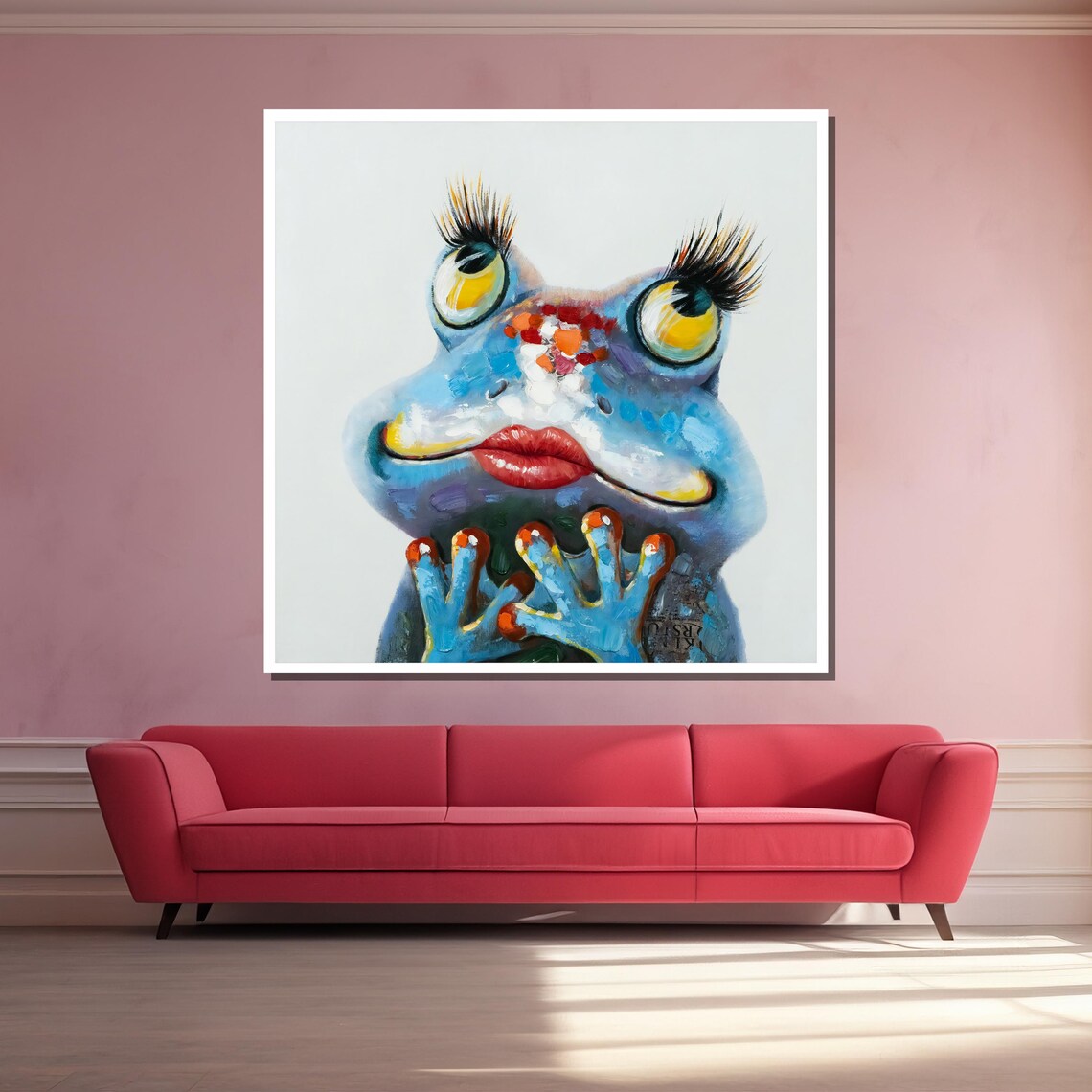 Whimsical Blue Frog with Red Lips Funny Animal Poster for Bathroom - Image 3