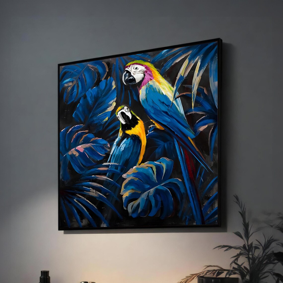 Blue and Yellow Macaw Parrots Tropical Jungle Painting Art Poster