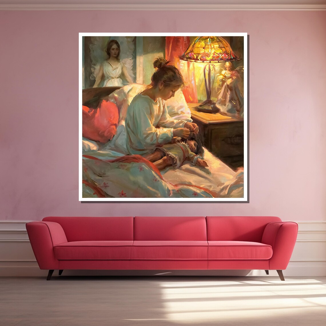Mother's Tender Bedtime Moment With Guardian Angel Watching Art Poster - Image 3