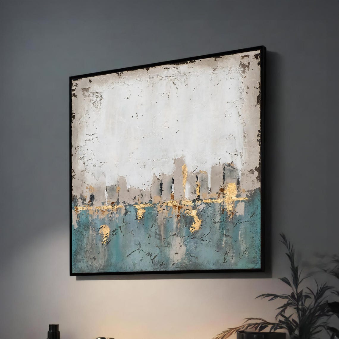 Abstract Teal and Gold City Skyline Textured Modern Art Poster