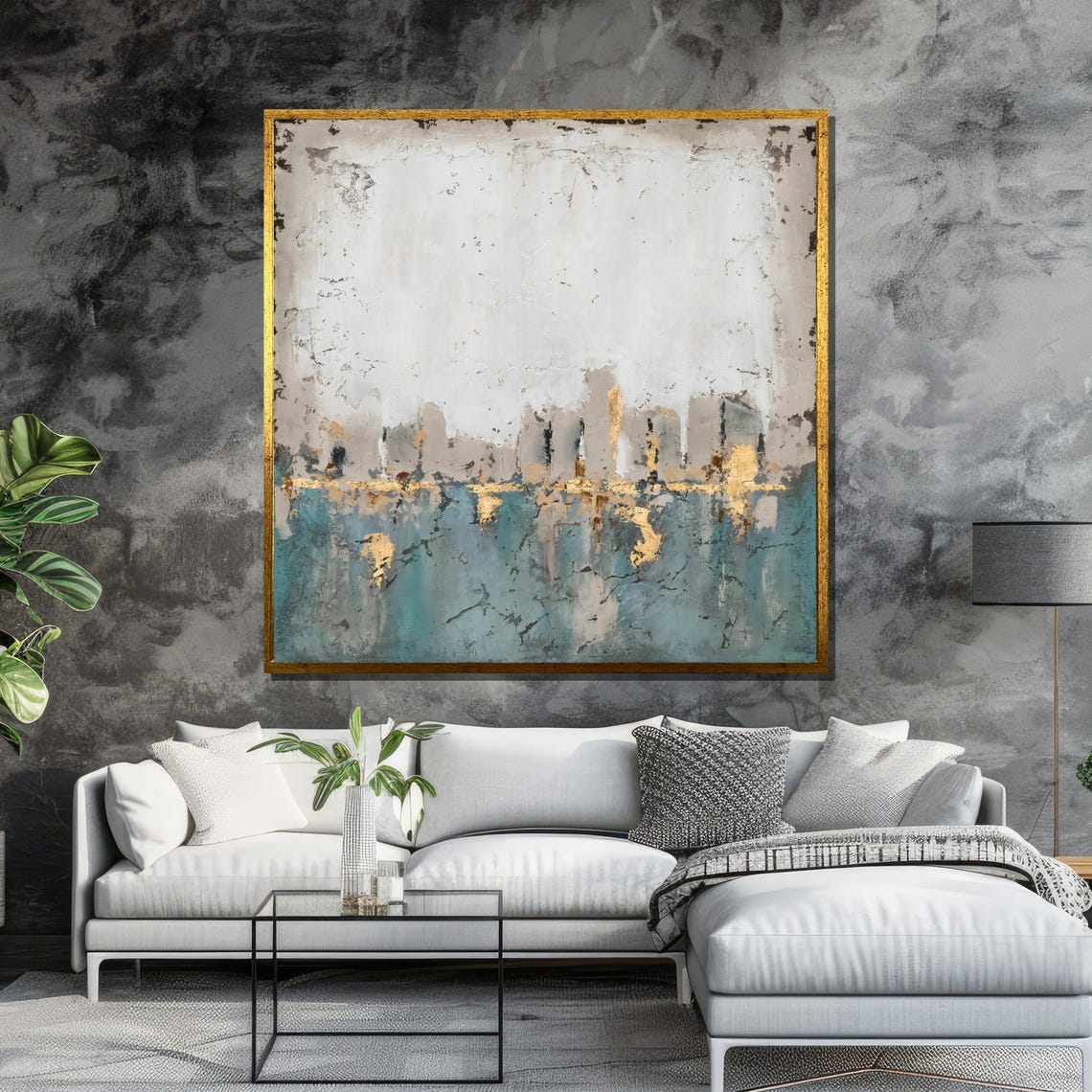 Abstract Teal and Gold City Skyline Textured Modern Art Poster - Image 6