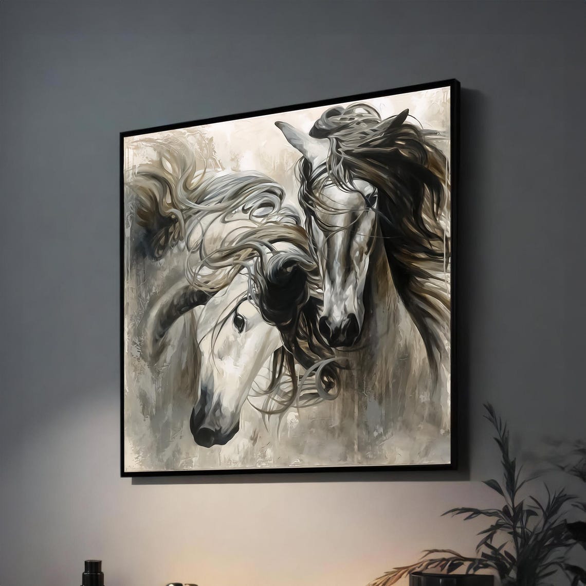 Two Horses Galloping Black and White Poster for Equestrian Decor