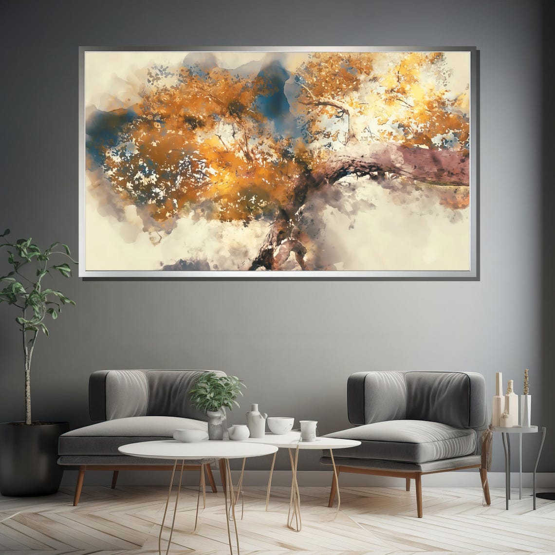 Golden Autumn Tree Watercolor Splashes Abstract Nature Poster - Image 4