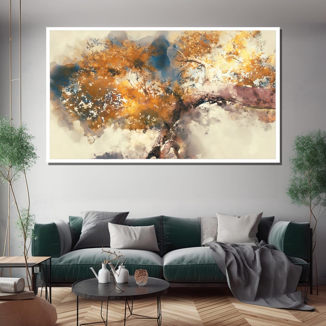 Golden Autumn Tree Watercolor Splashes Abstract Nature Poster - Image 3