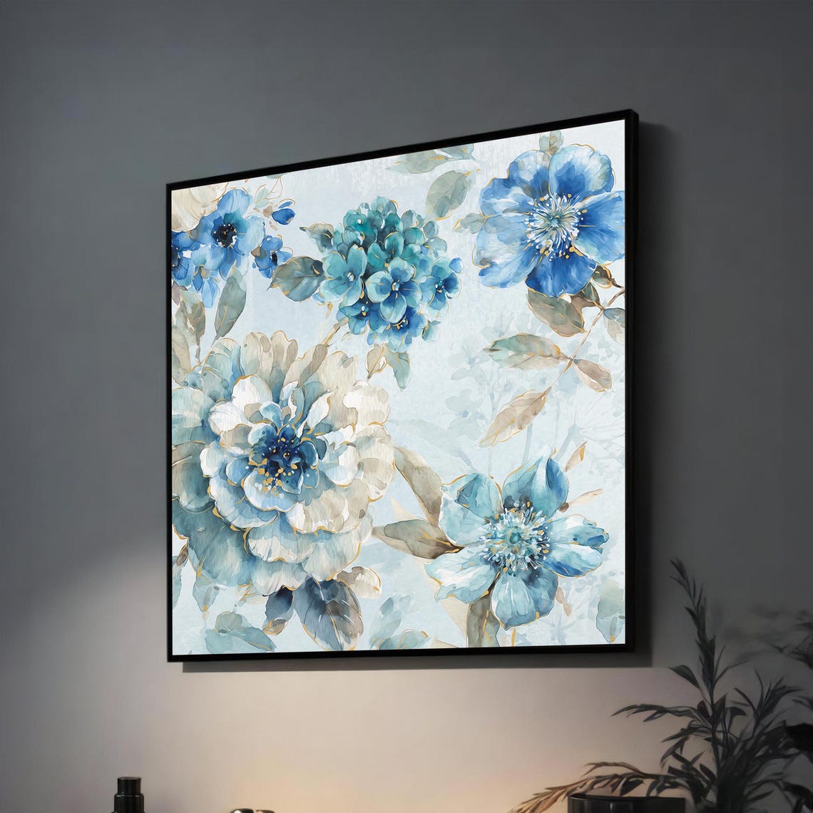 Blue Hydrangea and Peony Floral Watercolor Poster for Bedroom Decor