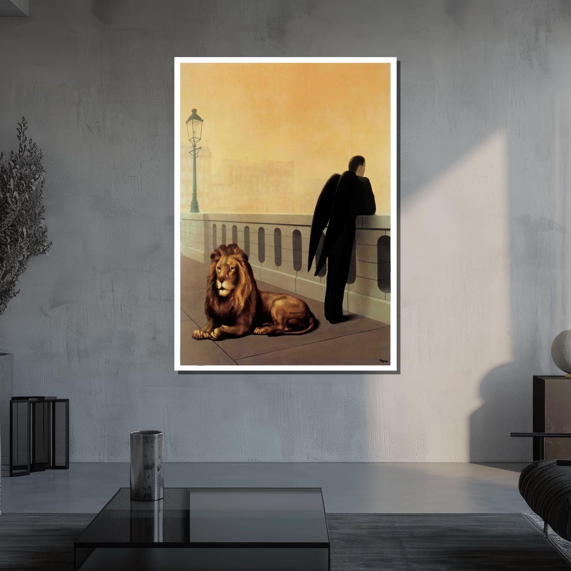 Surreal Dark Winged Angel Beside Lion On Foggy Bridge Poster - Image 3