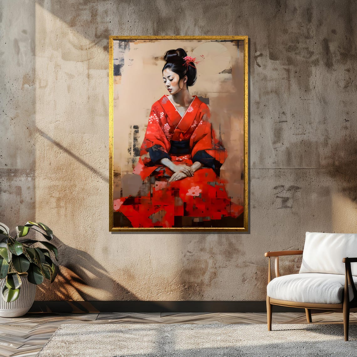 Seated Geisha In Red Kimono Soft Neutral Painterly Portrait Poster - Image 6