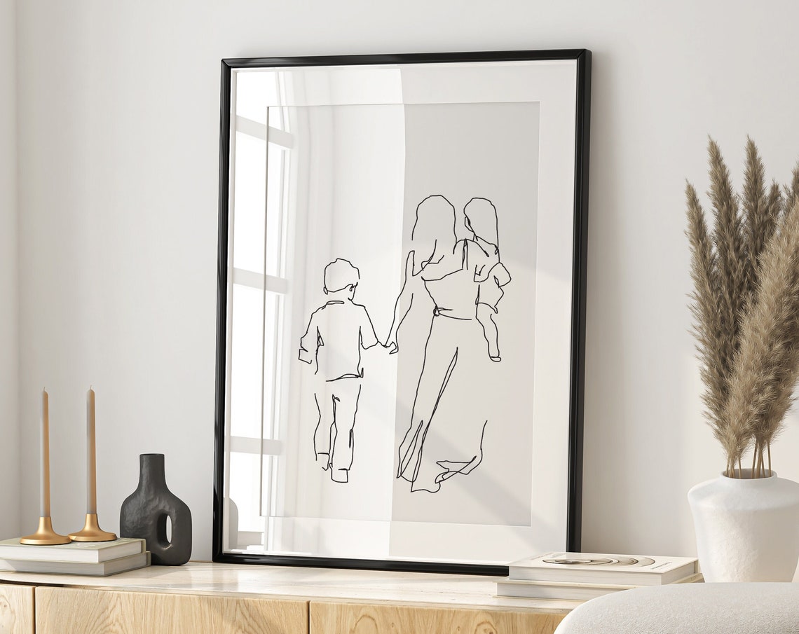 Mother Walking with Her Two Young Children Modern Line Art Poster