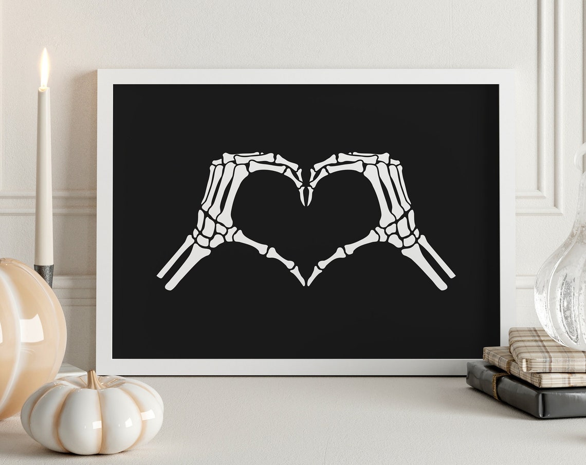 Skeleton Hands Heart White on Black Gothic Spooky Halloween Poster