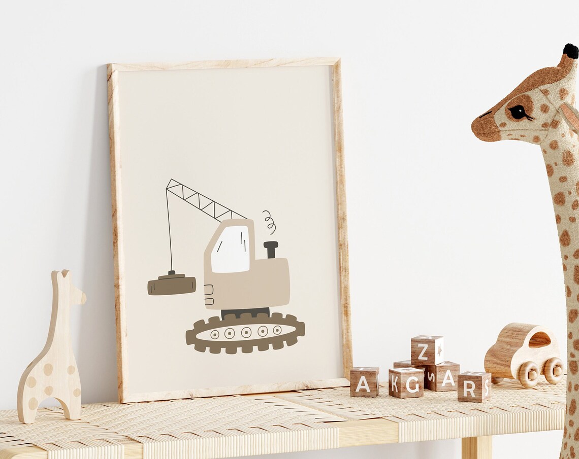 Beige Crane Truck Nursery Kids Construction Vehicle Art Poster