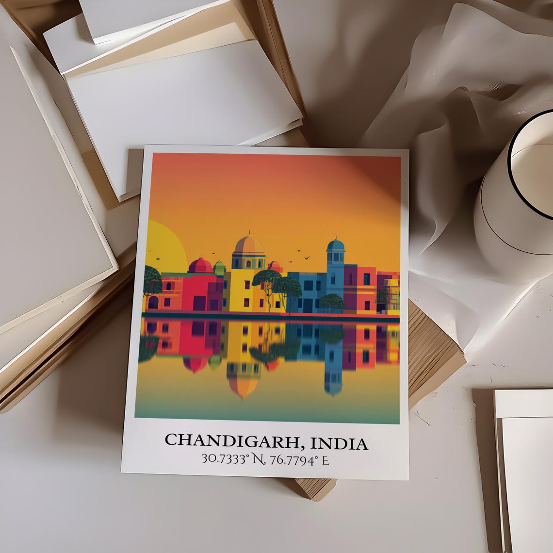 Chandigarh India Sunset Domes Water Reflection Retro Travel Poster - Image 5