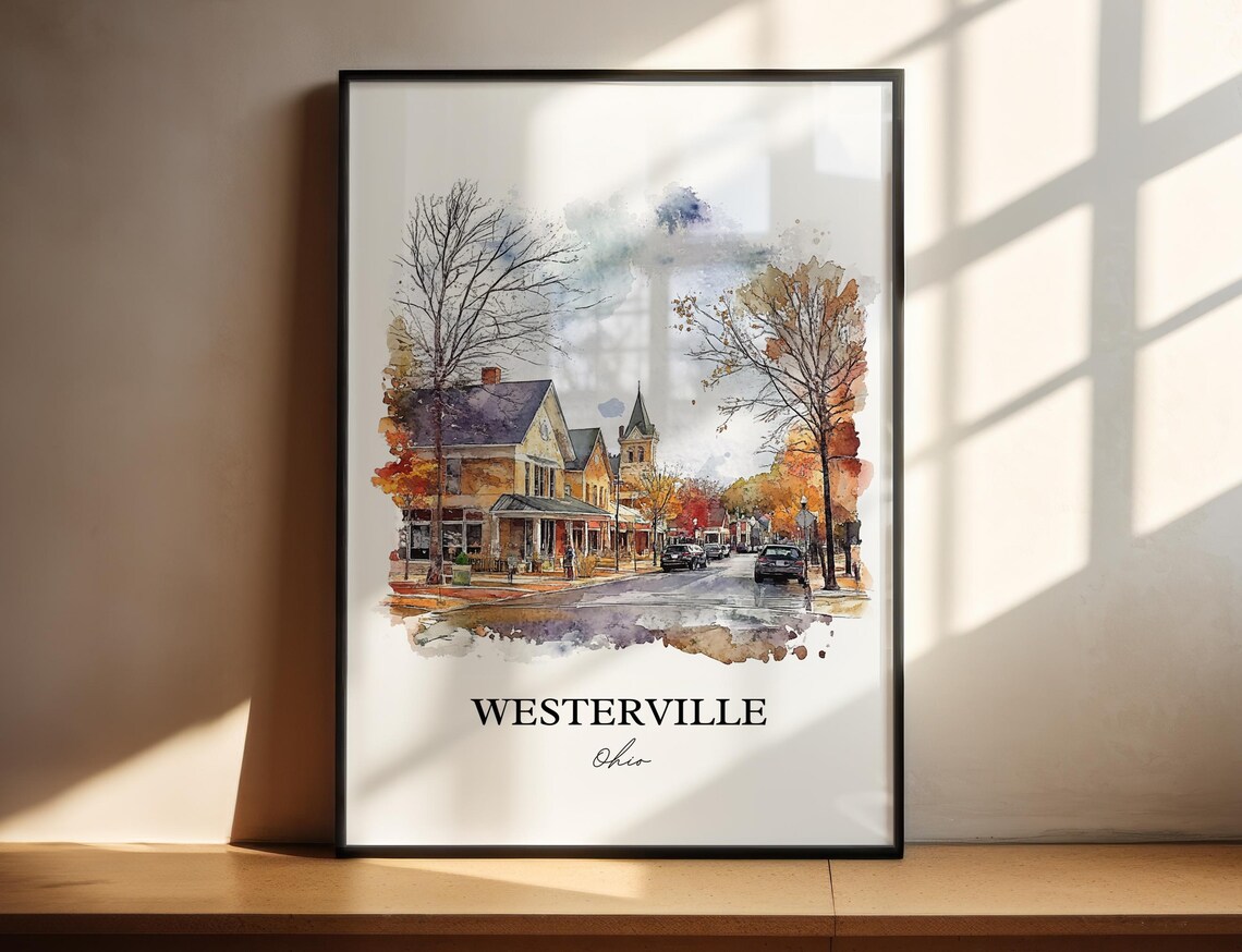 Westerville Ohio Watercolor Autumn Small Town Street Scene Poster