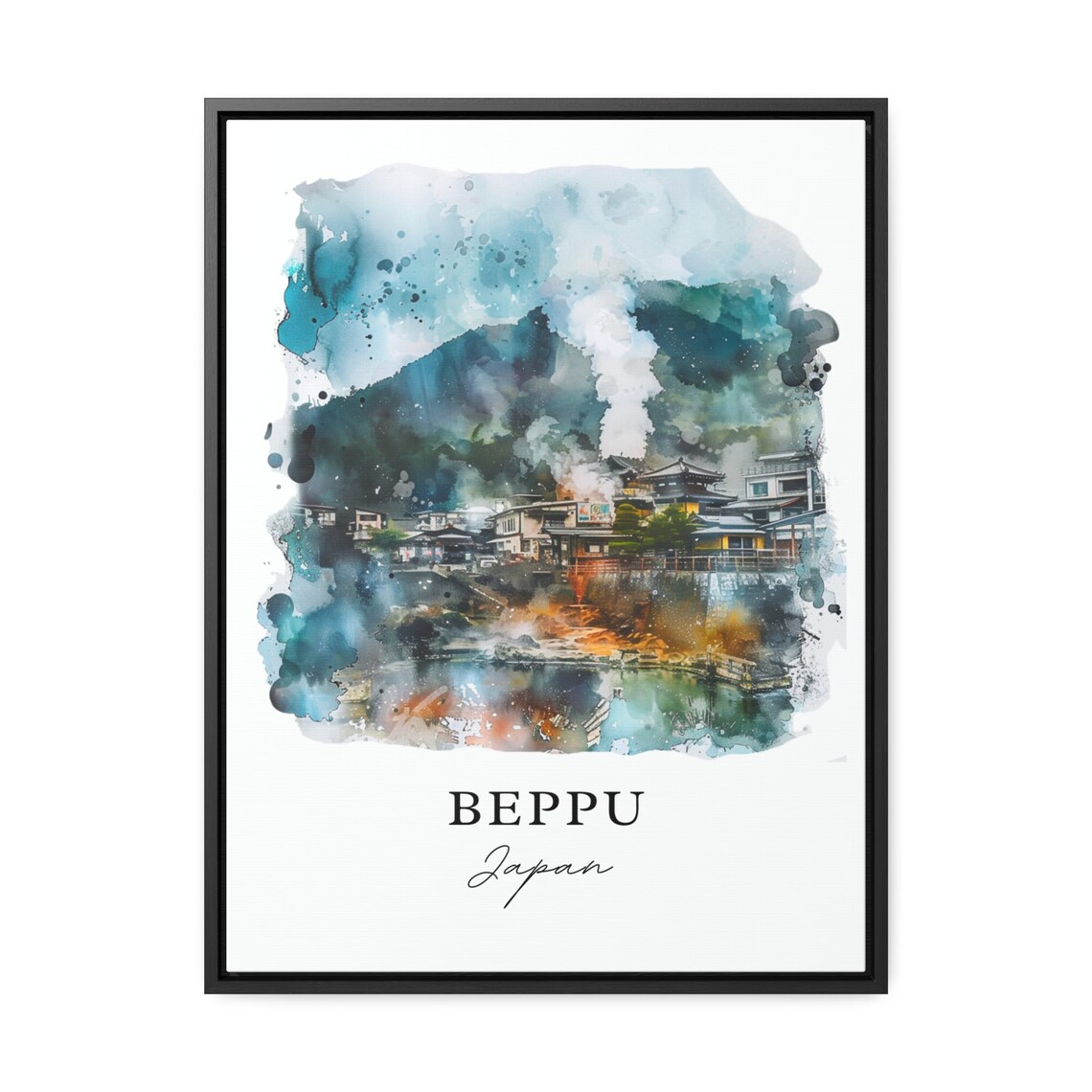 Beppu Japan Watercolor Hot Spring Mountain Town Scene Poster - Image 2