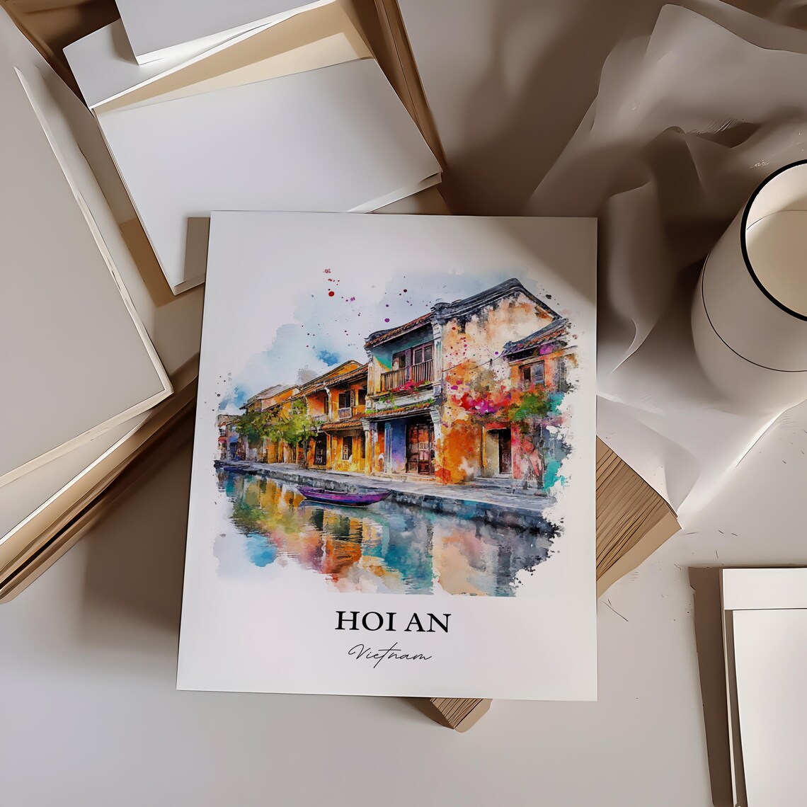 Hoi An Vietnam Watercolor Art Old Town Canal Street Lantern Poster - Image 3