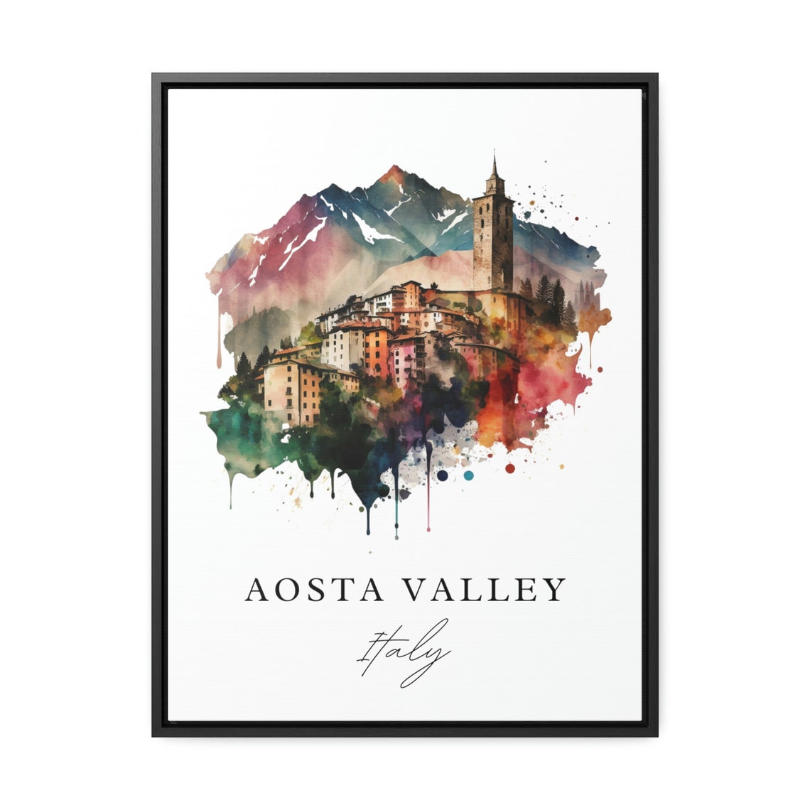 Aosta Valley Italy Alpine Mountain Village Watercolor Travel Poster