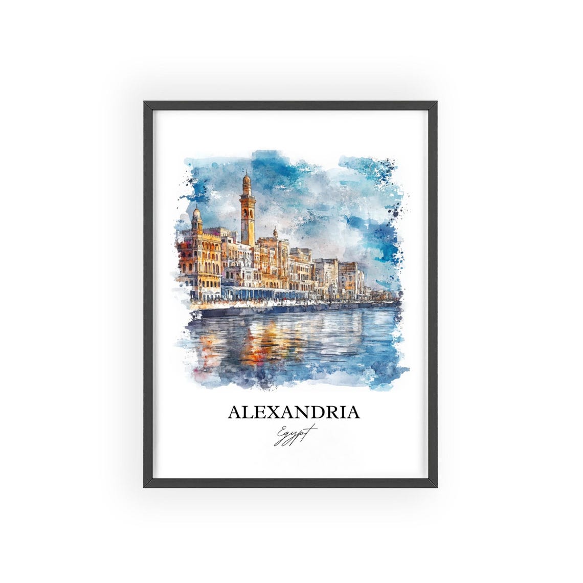 Alexandria Egypt Watercolor Mediterranean Waterfront Travel Poster - Image 2
