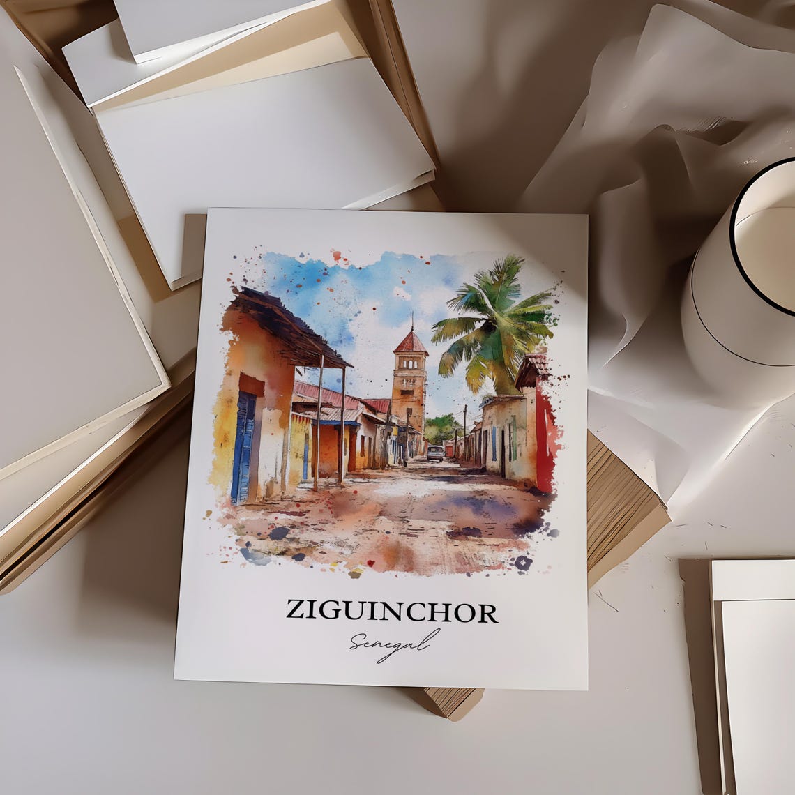 Ziguinchor Senegal Colonial Street Watercolor Travel Art Poster - Image 4