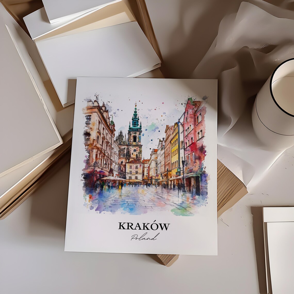 Krakow Poland Old Town Church Square Watercolor Travel Poster - Image 2