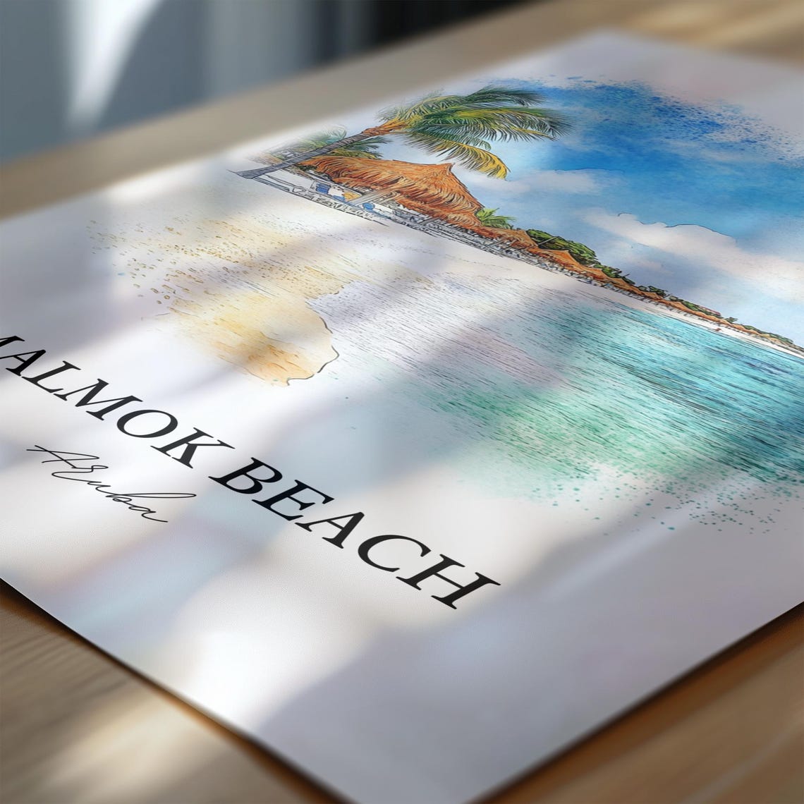 Malmok Beach Aruba Watercolor Palapa Shore Palm Trees Poster - Image 5
