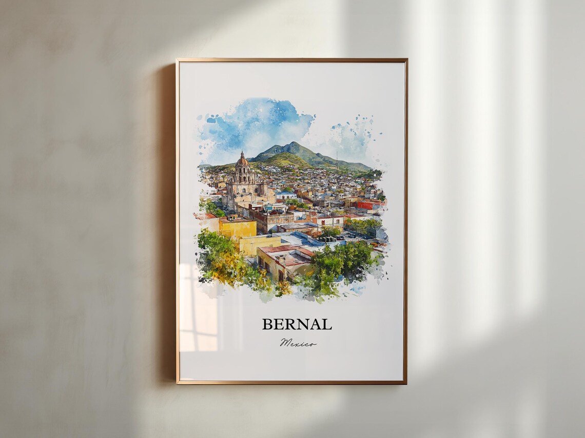 Bernal Mexico Rocky Mountain Town Church Watercolor Travel Poster - Image 5