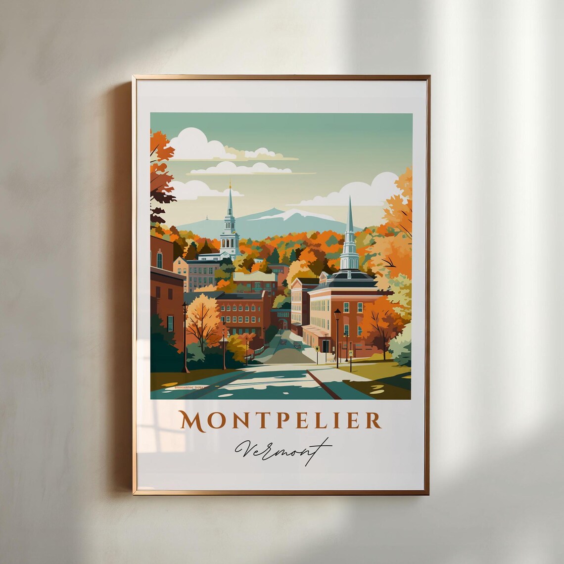Montpelier Vermont Retro Autumn Street Scene Travel Poster Art