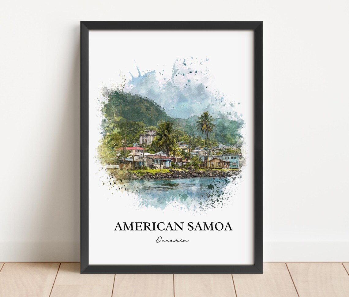 American Samoa Watercolor Coastal Village Ocean Travel Poster - Image 4