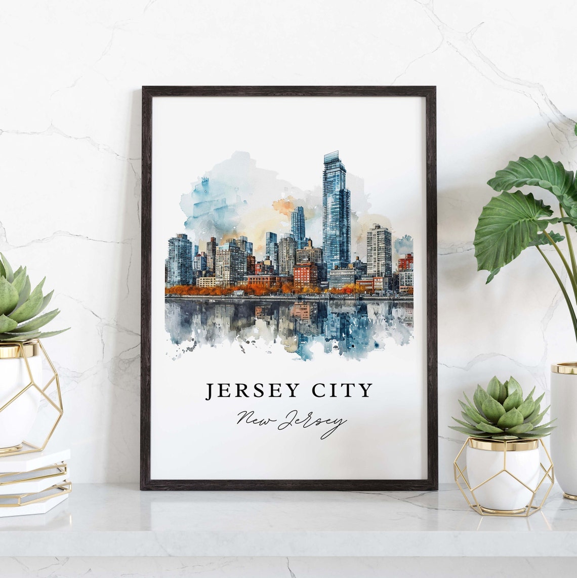 Jersey City New Jersey Skyline Waterfront Watercolor City Poster - Image 3