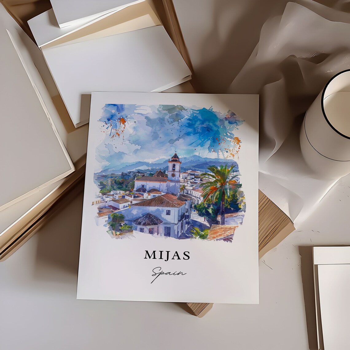 Mijas Spain Watercolor Whitewashed Village Church Palm Trees Poster - Image 6