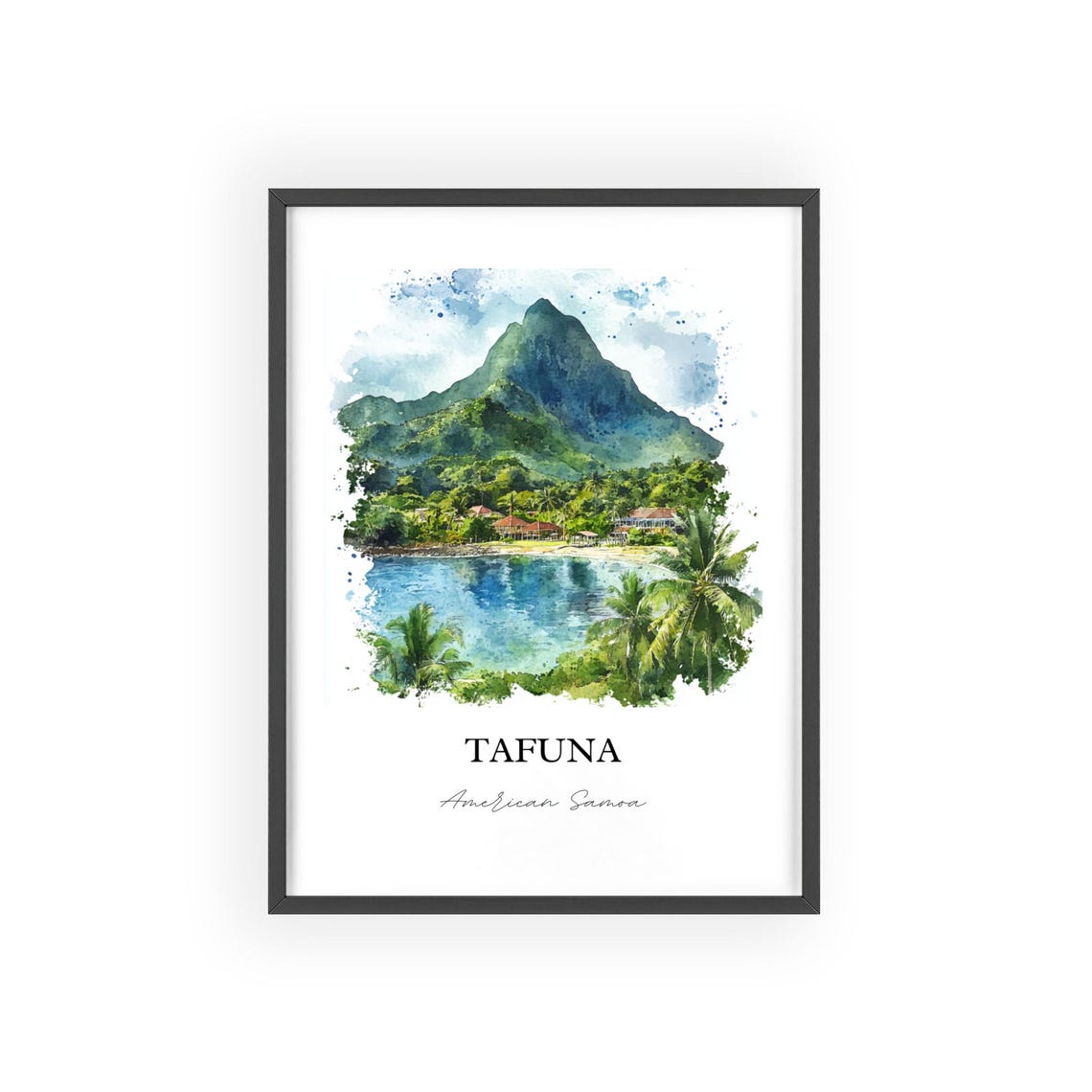 Tafuna American Samoa Village Lagoon Mountain Watercolor Poster - Image 2