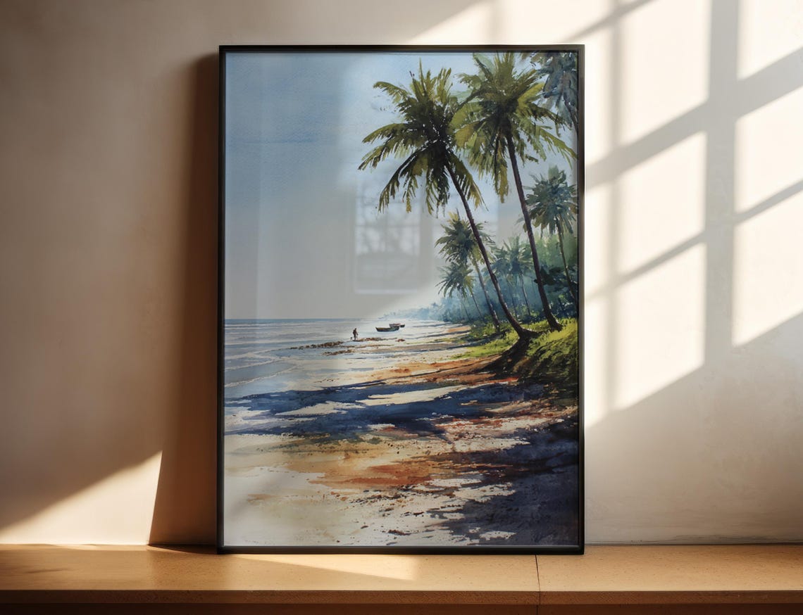 Tropical Beach Palm Trees Boats Watercolor Painting Art Poster