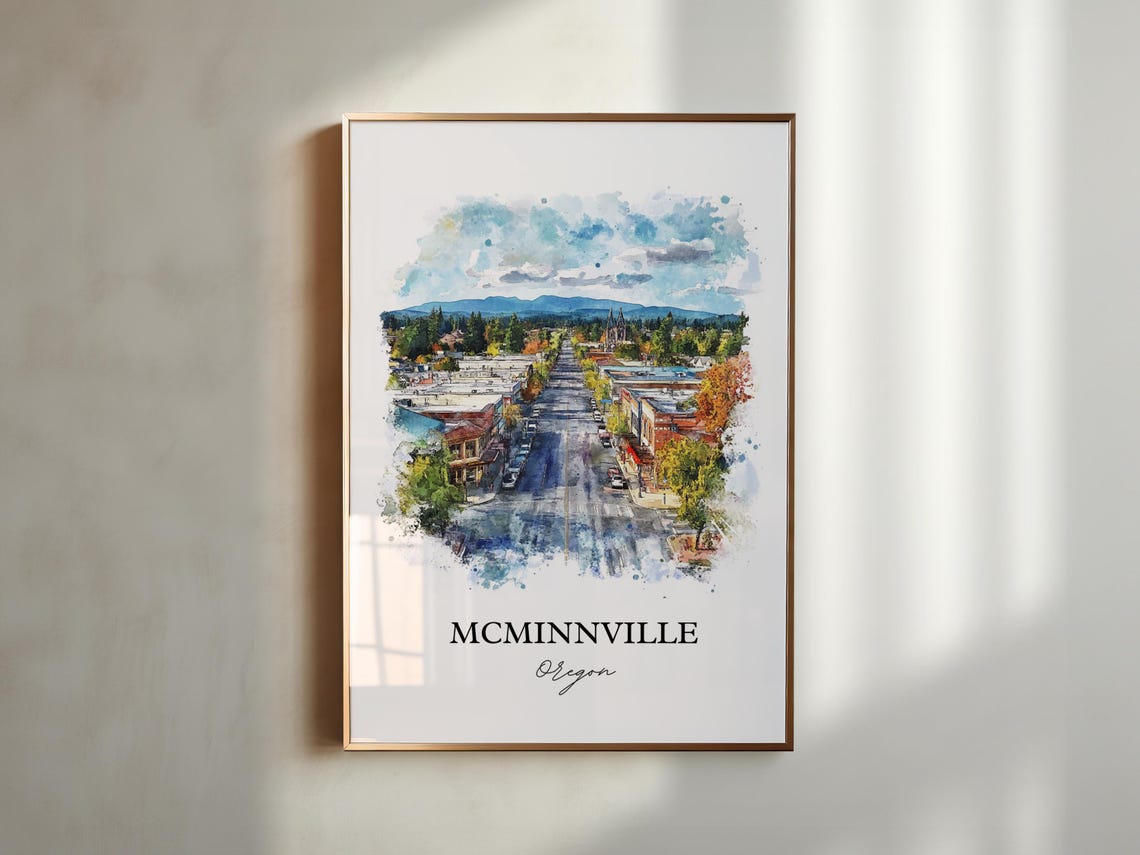 McMinnville Oregon Downtown Aerial Watercolor Travel Gift Poster - Image 5