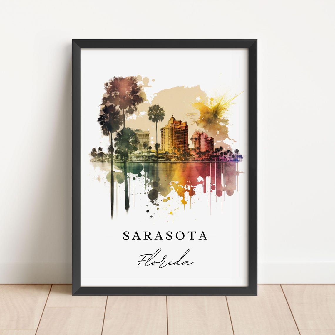 Sarasota Florida Beautiful Palm Tree Skyline Watercolor Travel Poster