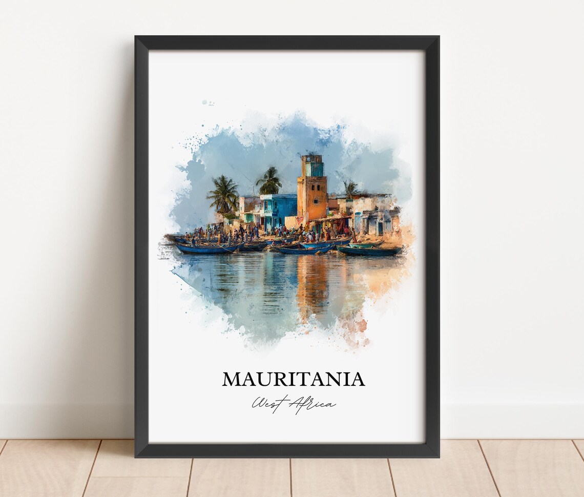 Mauritania West Africa Harbor Boats Waterfront Watercolor Poster - Image 6