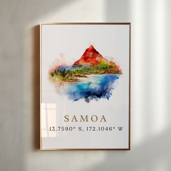 Samoa Travel Art Poster Print With Coordinates Wedding Gift Birthday Present Custom Text Perfect