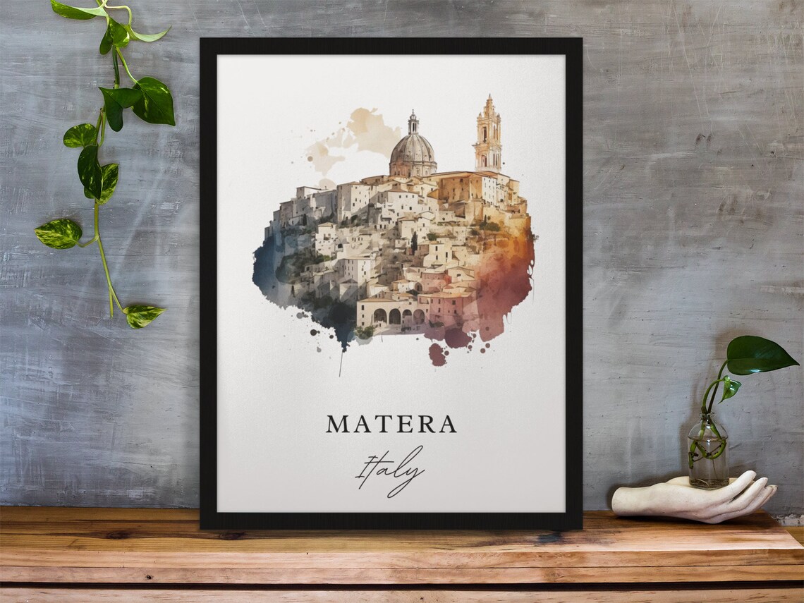 Matera Italy Ancient Hilltop Stone City Watercolor Travel Poster